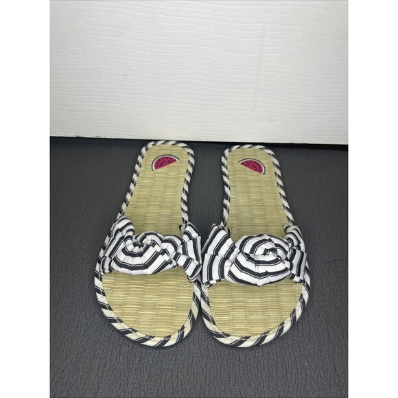 Size 7 Black And White Striped Bow Straw Slide Sandals Watermelon Embroidery - Picture 1 of 6